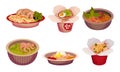 Asian Food with Spicy Noodle and Soup in Carton Boxes and Bowls Vector Set