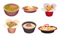 Asian Food with Spicy Noodle and Soup in Carton Boxes and Bowls Vector Set
