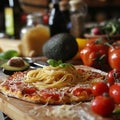 Asian food: spicy shrimps with spaghetti lemon and parsley on a pizza dough