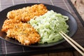 Asian food: steak in breaded Panko and green noodles with sesame