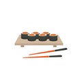 Asian food sushi on wooden board. Sushi illustration with trout fish, salmon and caviar in flat minimalist style