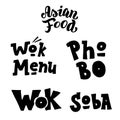 Asian food text set. Typography icons for fast food restaurant. Lettering menu logos. Handwritten isolated phrase design. Vector Royalty Free Stock Photo