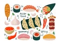 Asian food vector icon set. Japanese, Korean snacks - gyoza, sushi maki, nigiri with seafood, corn dog, temaki. Spicy ingredients Royalty Free Stock Photo