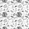 Asian food - vector seamless pattern. Hand drawn illustrations: ramen, sashimi, sushi, hand with chinese chopsticks, vegetables, Royalty Free Stock Photo