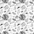 Asian food - vector seamless pattern. Hand drawn illustrations: ramen, sashimi, sushi, hand with chinese chopsticks, vegetables,