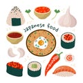 Asian food vector set. Tasty Japanese appetizers - ramen with egg, sushi maki, onigiri, gunkan with caviar. Spicy Royalty Free Stock Photo