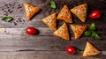 Asian food. Vegetarian samsa samosas with tomato on a wooden board background copy space top view