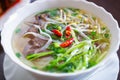 Asian food.Vietnamese pho bo soup with beef meat,rice noodles in broth and spices served in white bowl.Traditional Vietnam cuisine