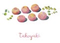 Asian food. Watercolor illustration of takoyaki, octopus balls, japanese food, on a white background