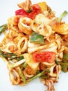 Closeup of Thai food: Stir-Fried Squid with Salted Duck Eggs Royalty Free Stock Photo