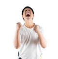 Asian football fan cheering isolated on white Royalty Free Stock Photo