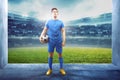 Asian football player man holding the ball in the stadium hallway