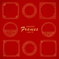 Asian frame set in vintage style on red background. Traditional chinese ornaments for your design. Vector golden