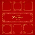 Asian frame set in vintage style on red background. Traditional chinese ornaments for your design. Vector golden