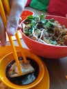 Asian fried noodles, dumplings in soy sauce. Table top view. Vegetables, fresh coriander. Vietnamese restaurant. Vibrant colors.