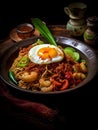 Asian fried noodles with egg, shrimp and vegetables