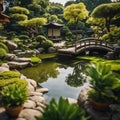 an asian garden filled with lush green plants and a bridge