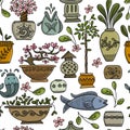 Asian garden with plants in ceramic pots, seamless pattern for your design