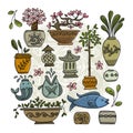 Asian garden with plants in ceramic pots, sketch for your design