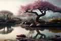 Asian garden with sakura trees and pond. Landscape with cherry blossom falling in lake with bokeh light. Springtime fine art