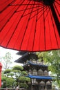 Asian garden view from under an umbrella in Japan pavilion at Epcot