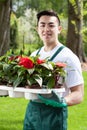 Asian gardener with plants