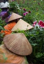 Asian gardeners with traditional conical hat taking care of a botany garden