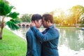 Asian gay couples romantic hug to make love happy on vacation travel Royalty Free Stock Photo