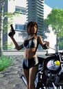 Asian girl armed with gun, Dangerous killer near a motorcycle