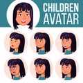 Asian Girl Avatar Set Vector. High School. Face Emotions. Expression, Positive Person. Beauty, Lifestyle. Cartoon Head