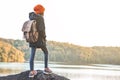 Asian girl backpack in nature winter season