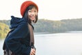 Asian girl backpack in nature winter season Royalty Free Stock Photo