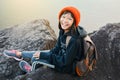 Asian girl backpack in nature winter season