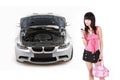 Asian girl with breakdown car. Royalty Free Stock Photo