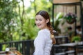 Asian girl Bright smiles and happy eyes. with a gentle and natural makeup Smiling beautiful woman Wearing a cute white dress. copy Royalty Free Stock Photo