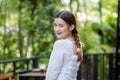 Asian girl Bright smiles and happy eyes. with a gentle and natural makeup Smiling beautiful woman Wearing a cute white dress. copy Royalty Free Stock Photo