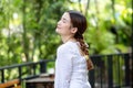 Asian girl Bright smiles and happy eyes. with a gentle and natural makeup Smiling beautiful woman Wearing a cute white dress. copy Royalty Free Stock Photo