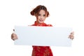 Asian girl in chinese cheongsam dress with red blank sign. Royalty Free Stock Photo