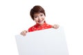 Asian girl in chinese cheongsam dress with red blank sign. Royalty Free Stock Photo