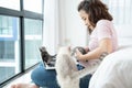 An Asian girl is disturbed by a kitten as she tries to use her laptop to work. The girl smiles happily for the kitten Royalty Free Stock Photo