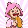 Asian girl eating baguette sandwich