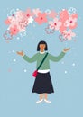 Asian girl enjoy sakura blossom illustration park
