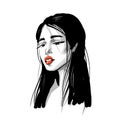 Asian girl fashion romantic portrait with red lips in black and white inky style