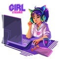 Asian girl gamer or streamer with with cat ears headset sits at a computer. Royalty Free Stock Photo