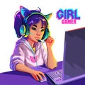 Asian girl gamer or streamer with with cat ears headset sits at a computer. Royalty Free Stock Photo