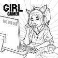 Asian girl gamer or streamer with with cat ears headset sits at a computer. Royalty Free Stock Photo