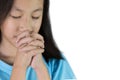 Asian girl hand praying isolated on white background,Hands folded in prayer concept for faith,spirituality and religion