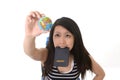 Asian girl holding passport search destination Royalty Free Stock Photo