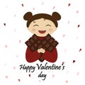 Asian girl holds heart shaped chocolate. Korean Valentine`s Day. Girl gives chocolate. Design for postcard. Vector