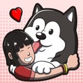 Asian girl hugging a big Alaskan Malamute dog